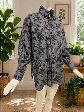 COOGI Luxe Embroidered Button Front Shirt Striped Floral Cotton Large
